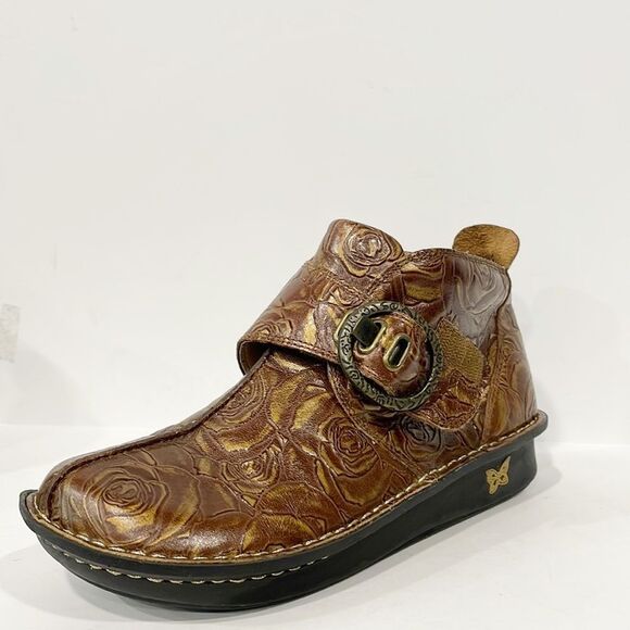 Alegria by PG Lite Shoes Brown Caiti Floral Embossed Leather Ankle Bootie Sz 6 - Picture 2 of 14